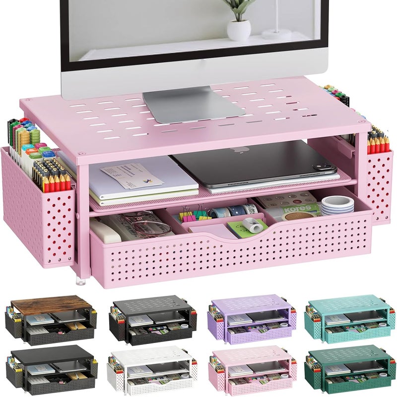 gianotter Desk Organizers and Accessories, Monitor Stand with Drawer and 2 Pen Holder, Desktop Organizer Suitable for Offices and Dormitories (Pink) - Image 1